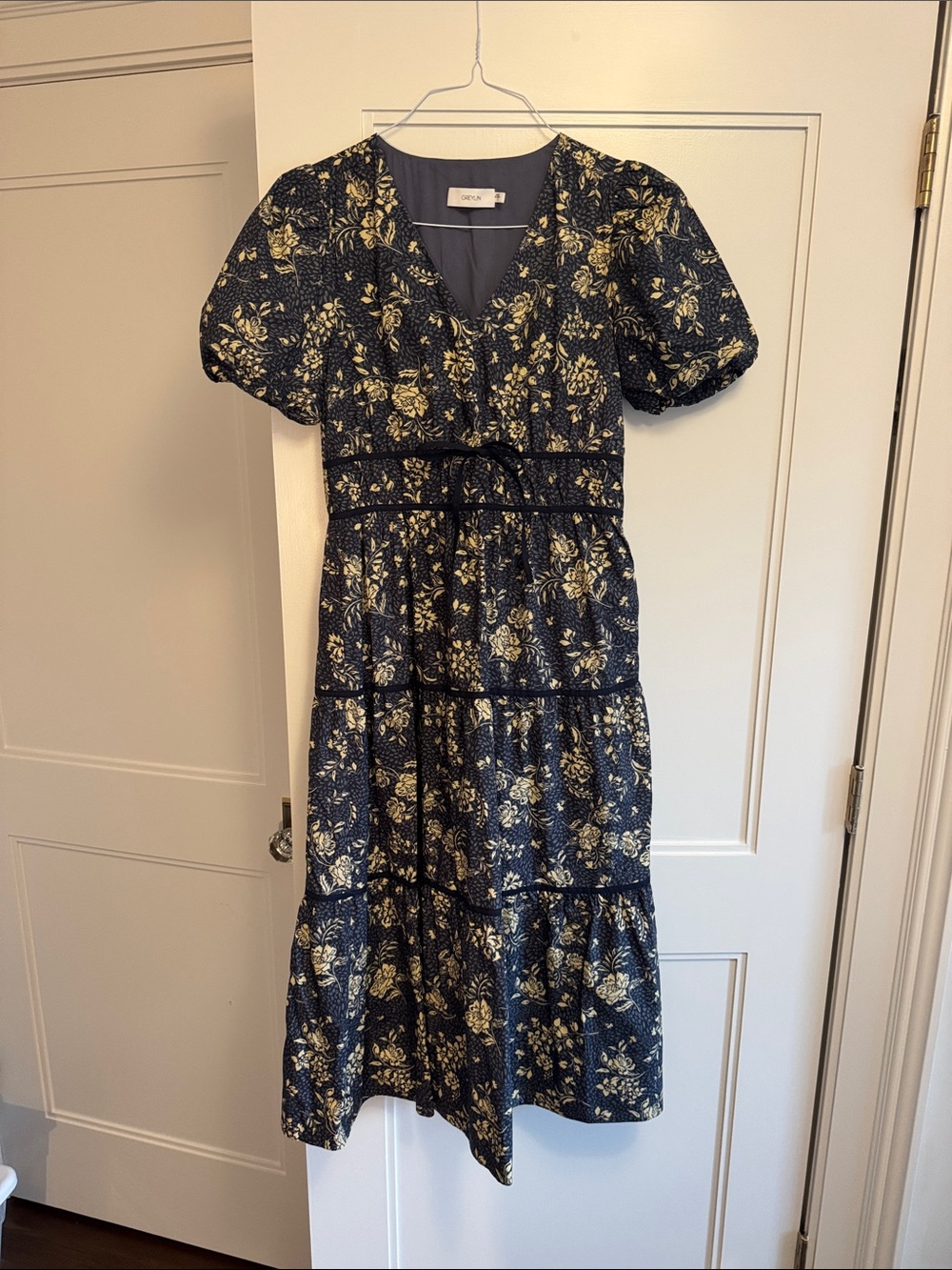 Navy and Cream Floral Tiered Midi Dress
